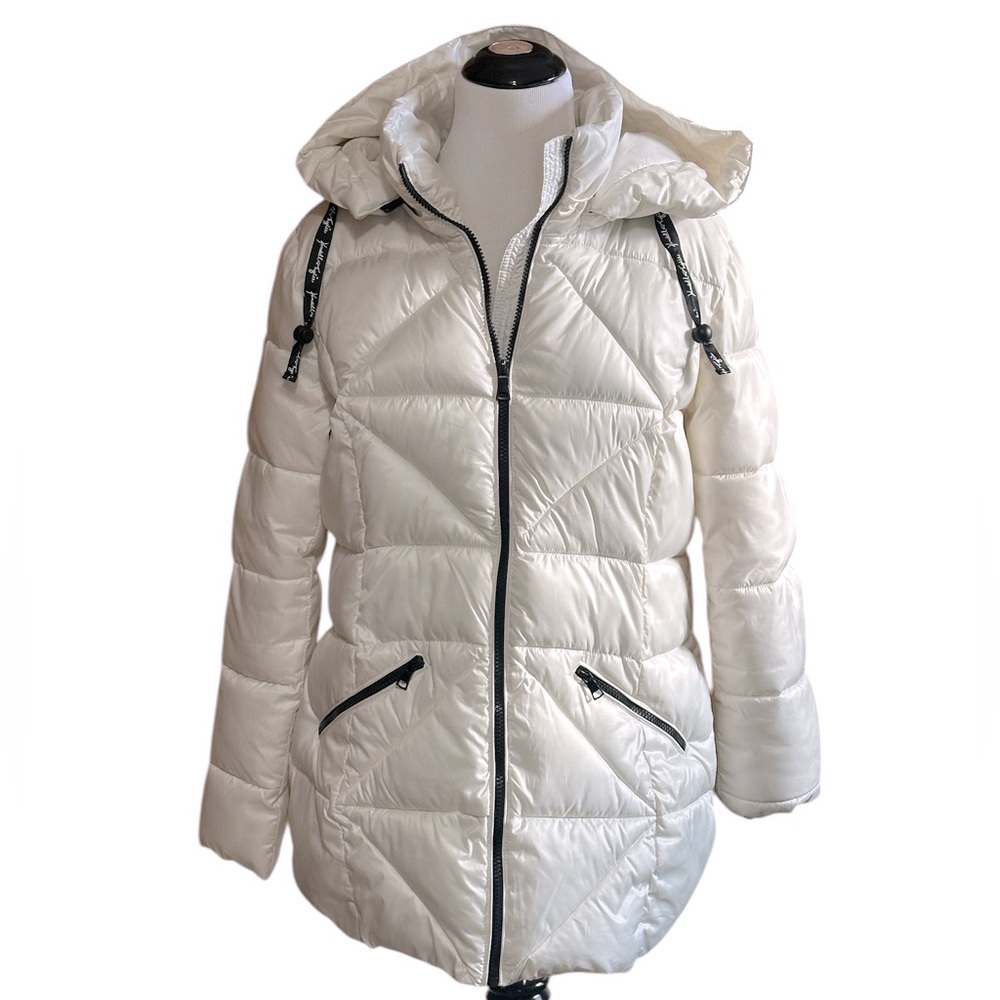 Kendall+Kylie Women's Shiny Puffer Winter Jacket with Full Removable Hood Size L